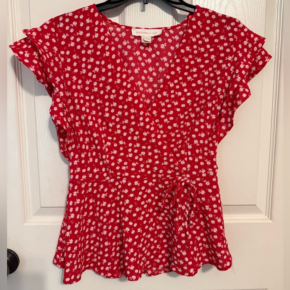 Red Floral Tie Top with Flutter Sleeves
